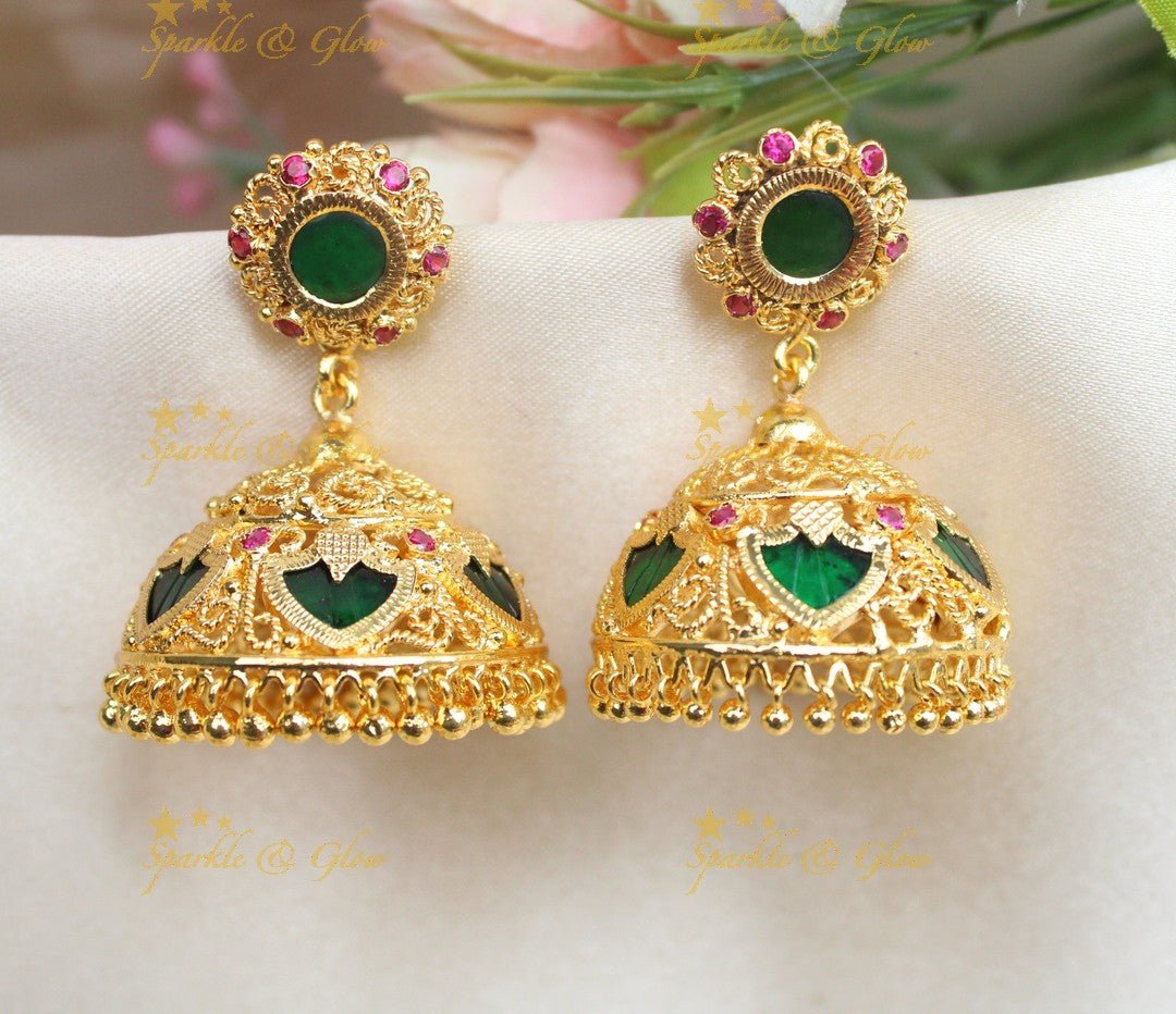 Traditional Gold - alike Kerala style Palaka Jhumka with Green & Ruby Stones - Sparkle and Glow -