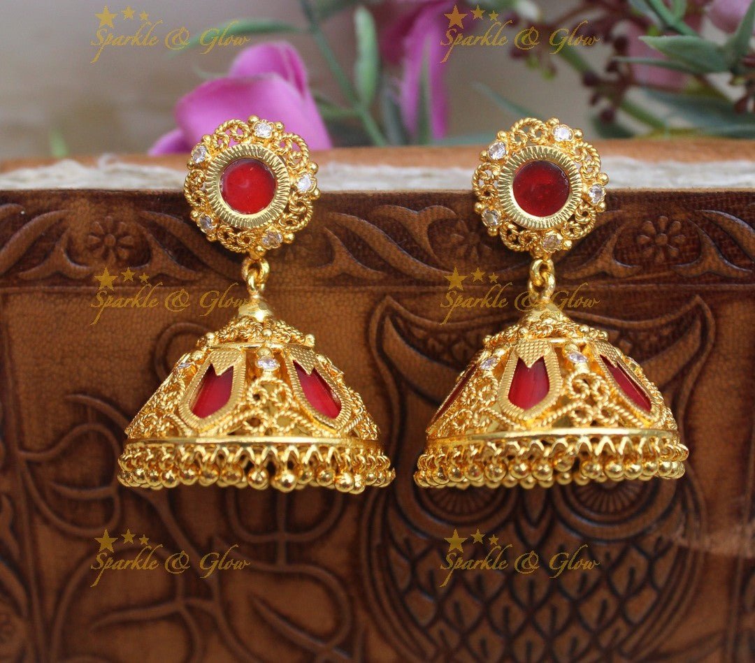 Traditional Gold - alike Kerala style Palaka Jhumka with Red Stones - Sparkle and Glow -