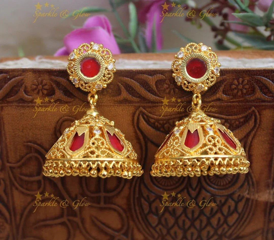 Traditional Gold-alike Kerala style Palaka Jhumka with Red Stones - Sparkle and Glow