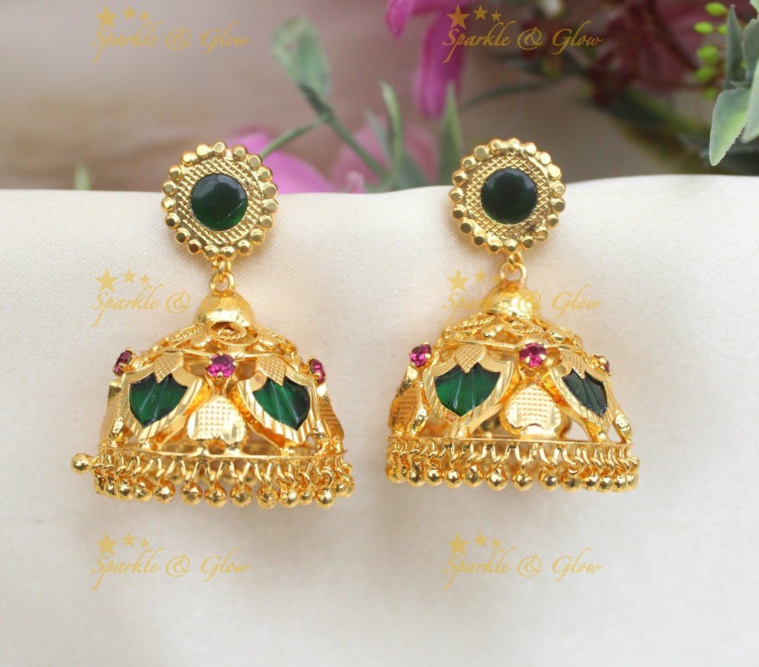 Gold - alike Kerala style Palaka Jhumka with Green and Pink Stones - Sparkle and Glow -