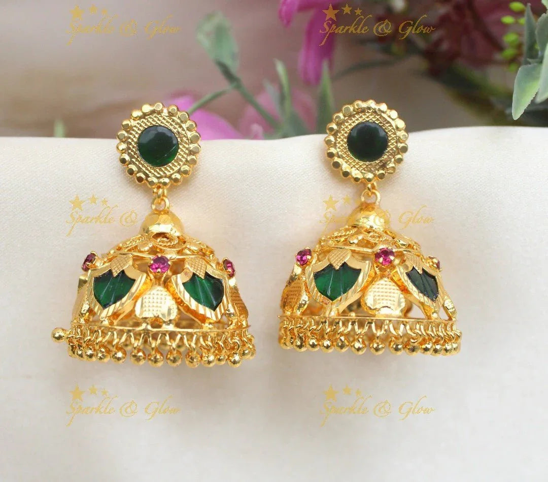 Gold-alike Kerala style Palaka Jhumka with Green and Pink Stones - Sparkle and Glow