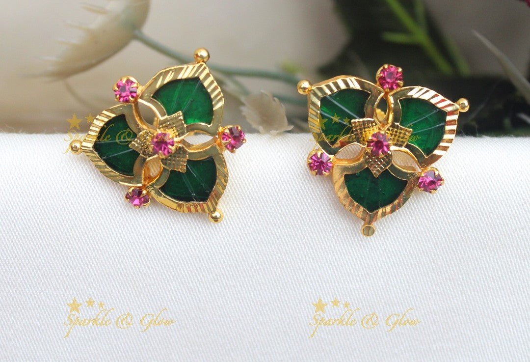 Elegant Floral Kerala style Palaka Stud Earrings with Green & Pink Stones - Sparkle and Glow -