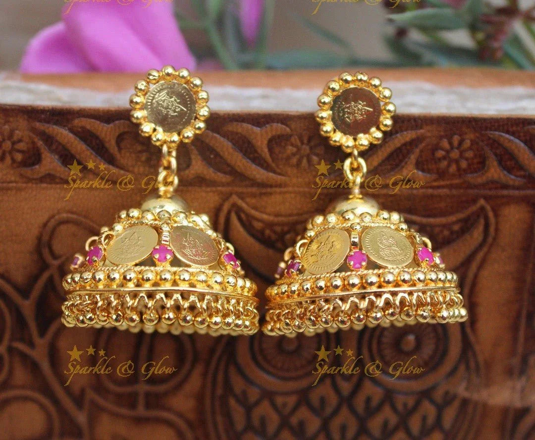 Traditional Kerala style Lakshmi Coin Gold-alike Jhumka - Sparkle and Glow