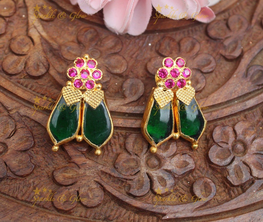 Elegant Kerala style Floral Green Leaf Stud Earrings - Sparkle and Glow -