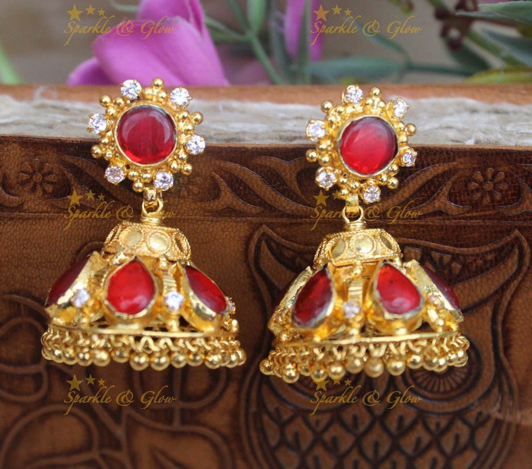 Beautiful Kerala style Red Stone Gold - alike bridal Jhumka - Sparkle and Glow -