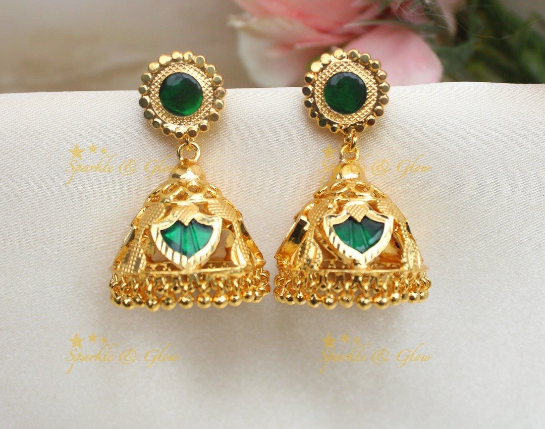 Traditional Kerala style Green Stone Gold - alike Jhumka - Sparkle and Glow -