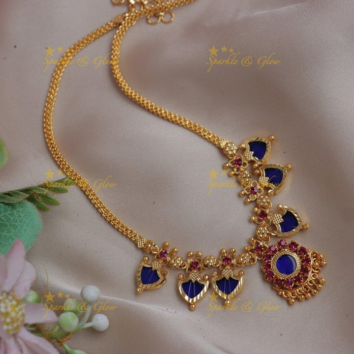 Stunning Kerala style Royal Blue & Gold-alike Palaka short Necklace - Sparkle and Glow
