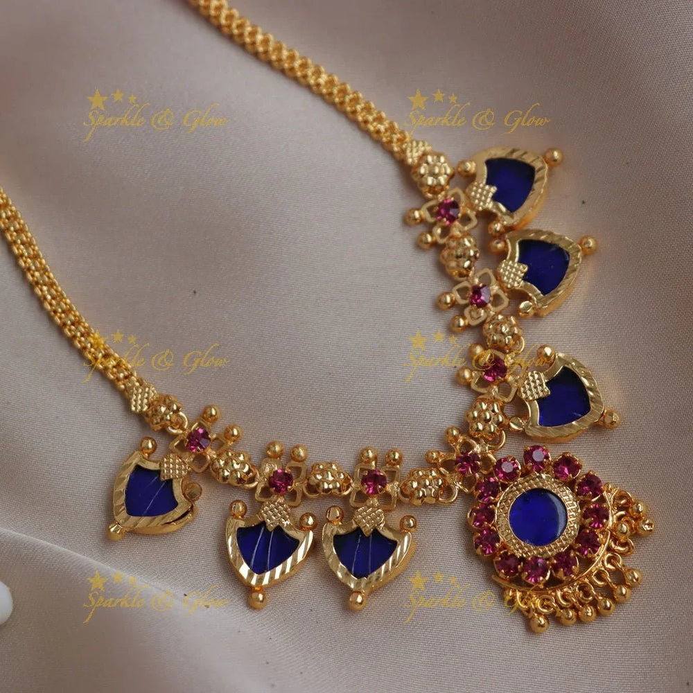 Stunning Kerala style Royal Blue & Gold-alike Palaka short Necklace - Sparkle and Glow