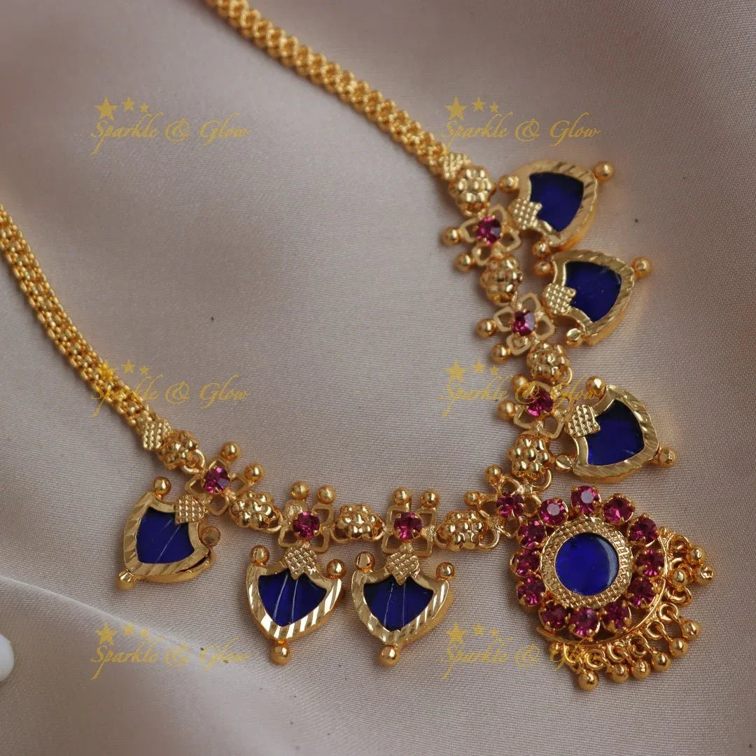 Stunning Kerala style Royal Blue & Gold-alike Palaka short Necklace - Sparkle and Glow