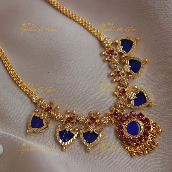 Stunning Kerala style Royal Blue & Gold-alike Palaka short Necklace - Sparkle and Glow
