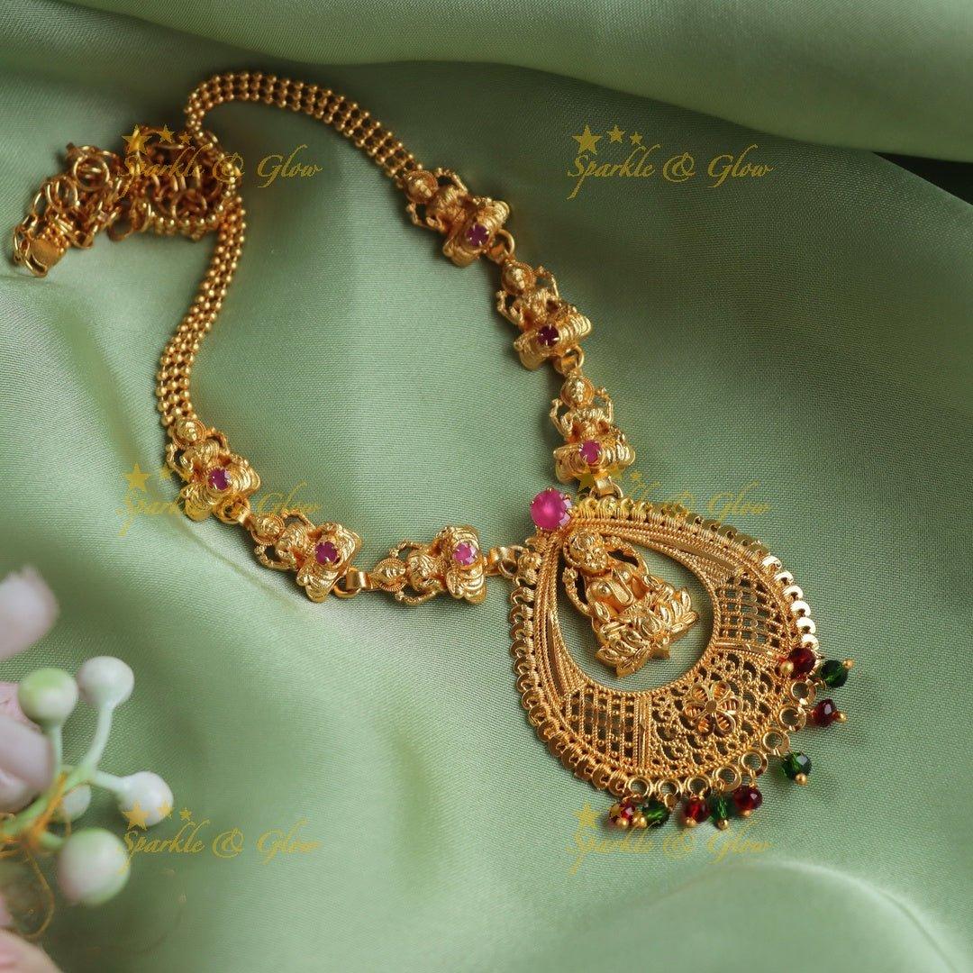 Stunning Kerala style Lakshmi Temple Necklace with Ruby & Green Beads - Sparkle and Glow