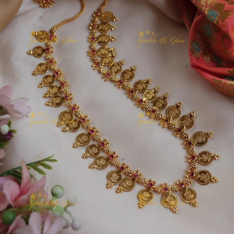 Traditional Kerala style Lakshmi Coin Long Necklace with Ruby Stones - Sparkle and Glow