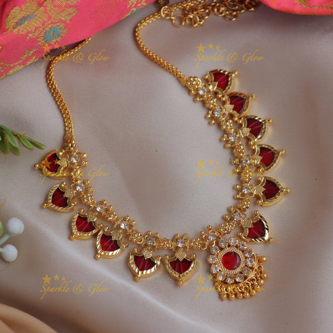 Elegant Kerala style Gold-alike Palaka Necklace with Red & White Stones - Sparkle and Glow