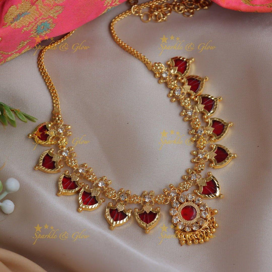 Elegant Kerala style Gold-alike Palaka Necklace with Red & White Stones - Sparkle and Glow