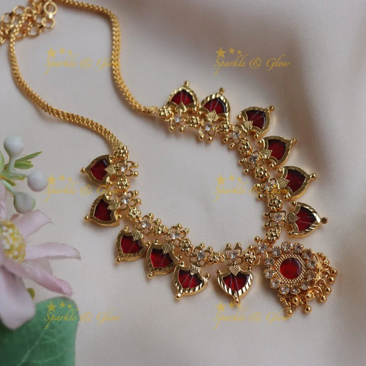 Elegant Kerala style Gold-alike Palaka Necklace with Red & White Stones - Sparkle and Glow