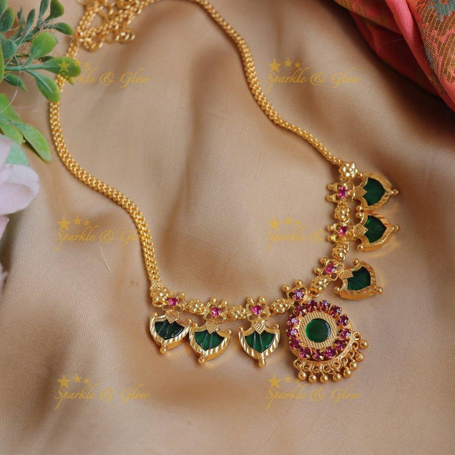 Graceful Gold-alike Kerala style Palaka Short Necklace with Green & Pink Accents - Sparkle and Glow
