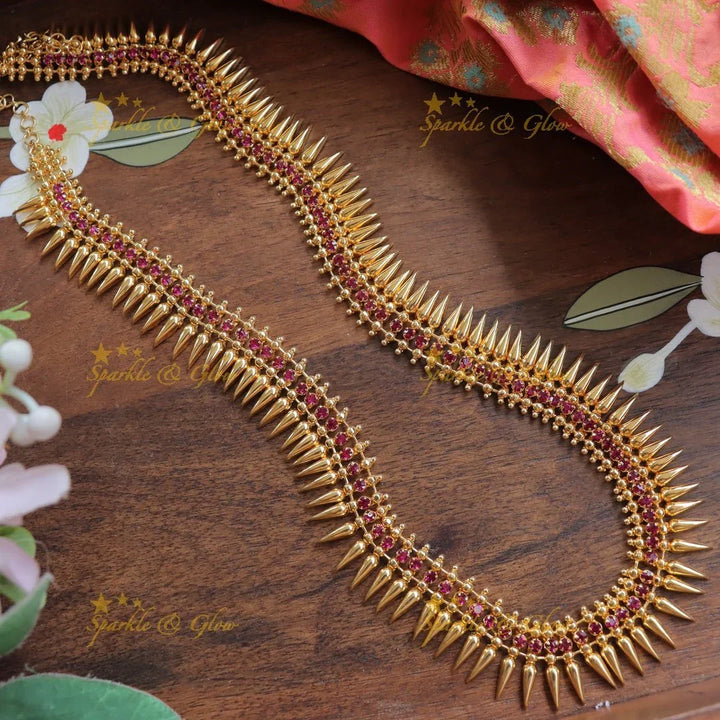Majestic Kerala style Gold-alike Spike Long Necklace with Ruby Stones - Sparkle and Glow