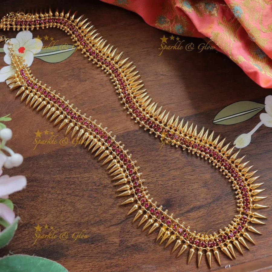 Majestic Kerala style Gold-alike Spike Long Necklace with Ruby Stones - Sparkle and Glow