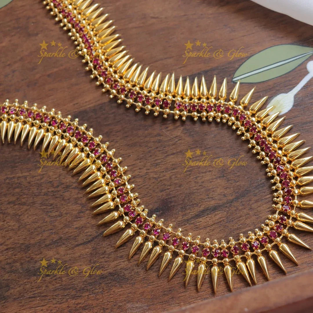 Majestic Kerala style Gold-alike Spike Long Necklace with Ruby Stones - Sparkle and Glow