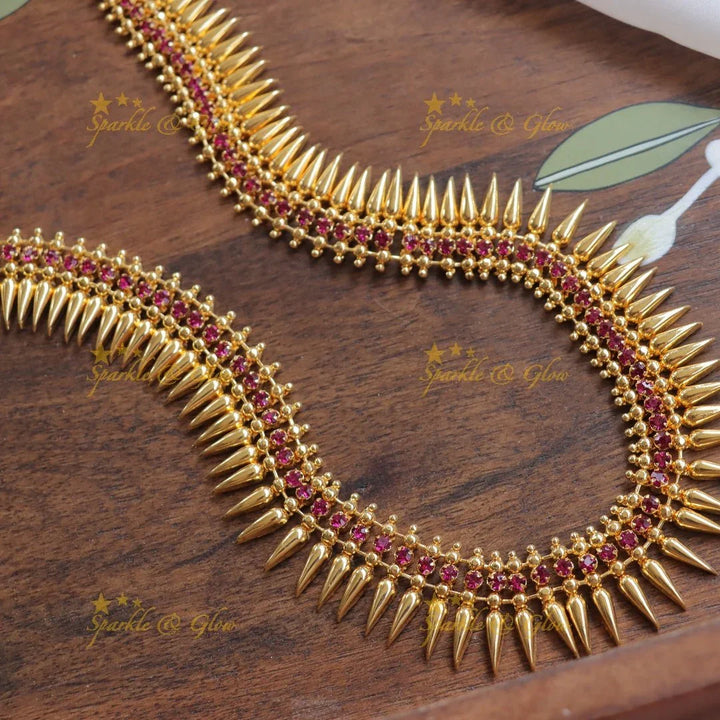 Majestic Kerala style Gold-alike Spike Long Necklace with Ruby Stones - Sparkle and Glow