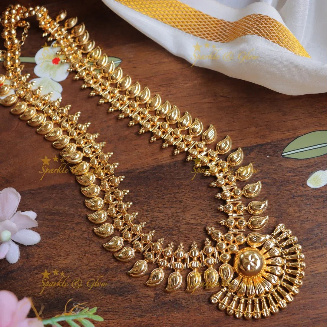 Kerala Style Mango Design Gold Polished Long Haram