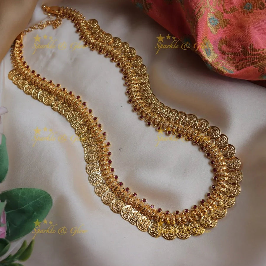 Traditional Kerala style Temple Coin Long Necklace with Ruby Accents - Sparkle and Glow