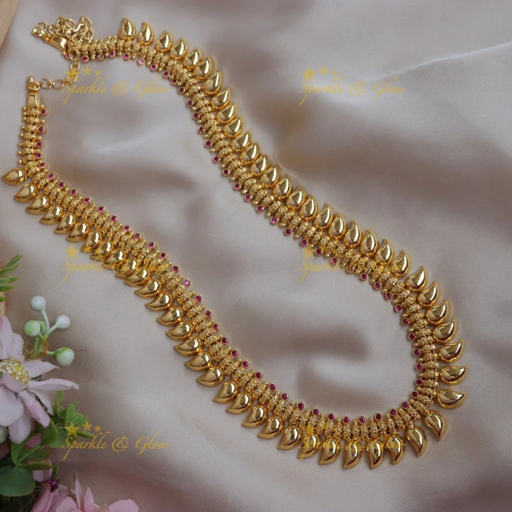 Elegant Gold-alike Kerala style Mango Long Necklace with Ruby Accents - Sparkle and Glow