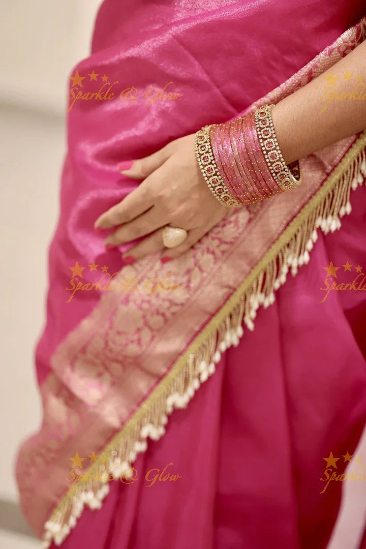 Hot Pink Banarasi Tissue Soft Silk Saree with Golden Zari Border & Fringe Pallu - Sparkle and Glow