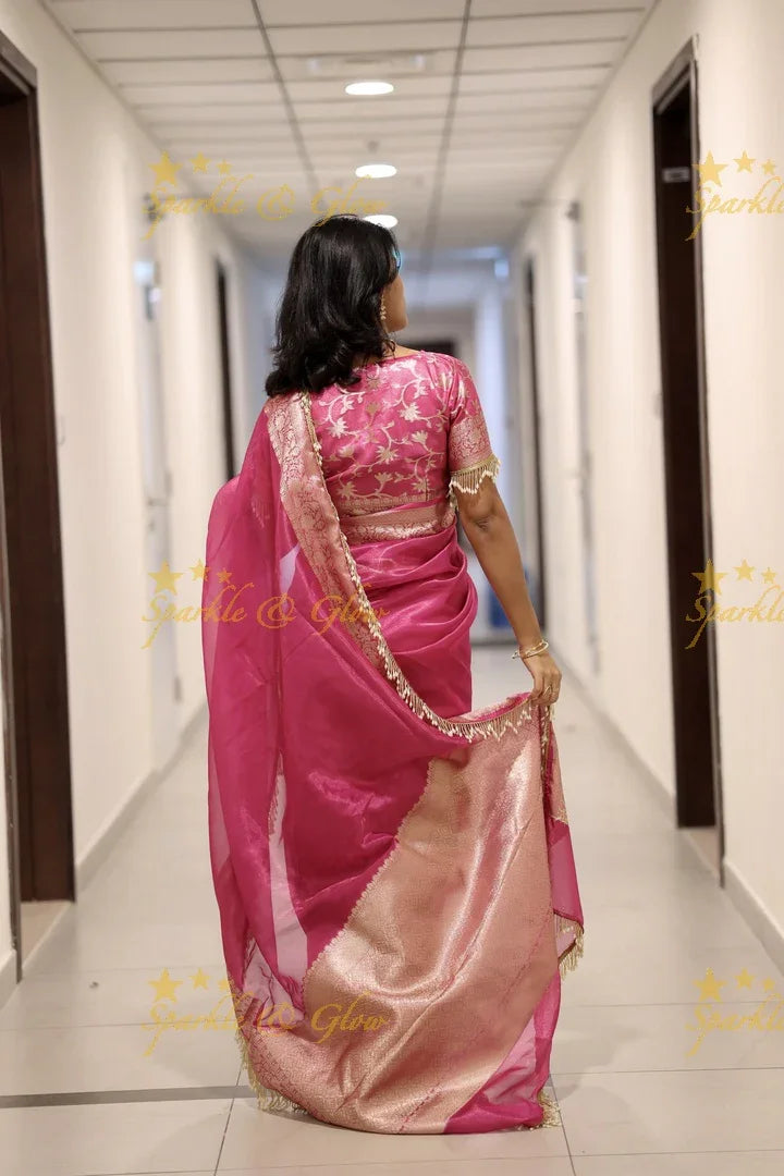 Hot Pink Banarasi Tissue Soft Silk Saree with Golden Zari Border & Fringe Pallu - Sparkle and Glow