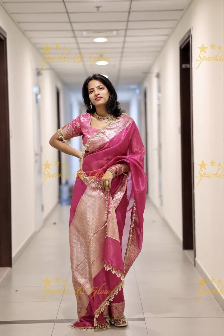 Hot Pink Banarasi Tissue Soft Silk Saree with Golden Zari Border & Fringe Pallu - Sparkle and Glow