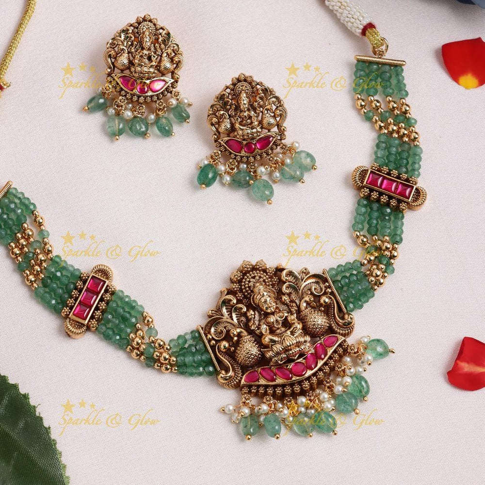 Antique Lakshmi Temple Necklace Set with Green Beads - Sparkle and Glow