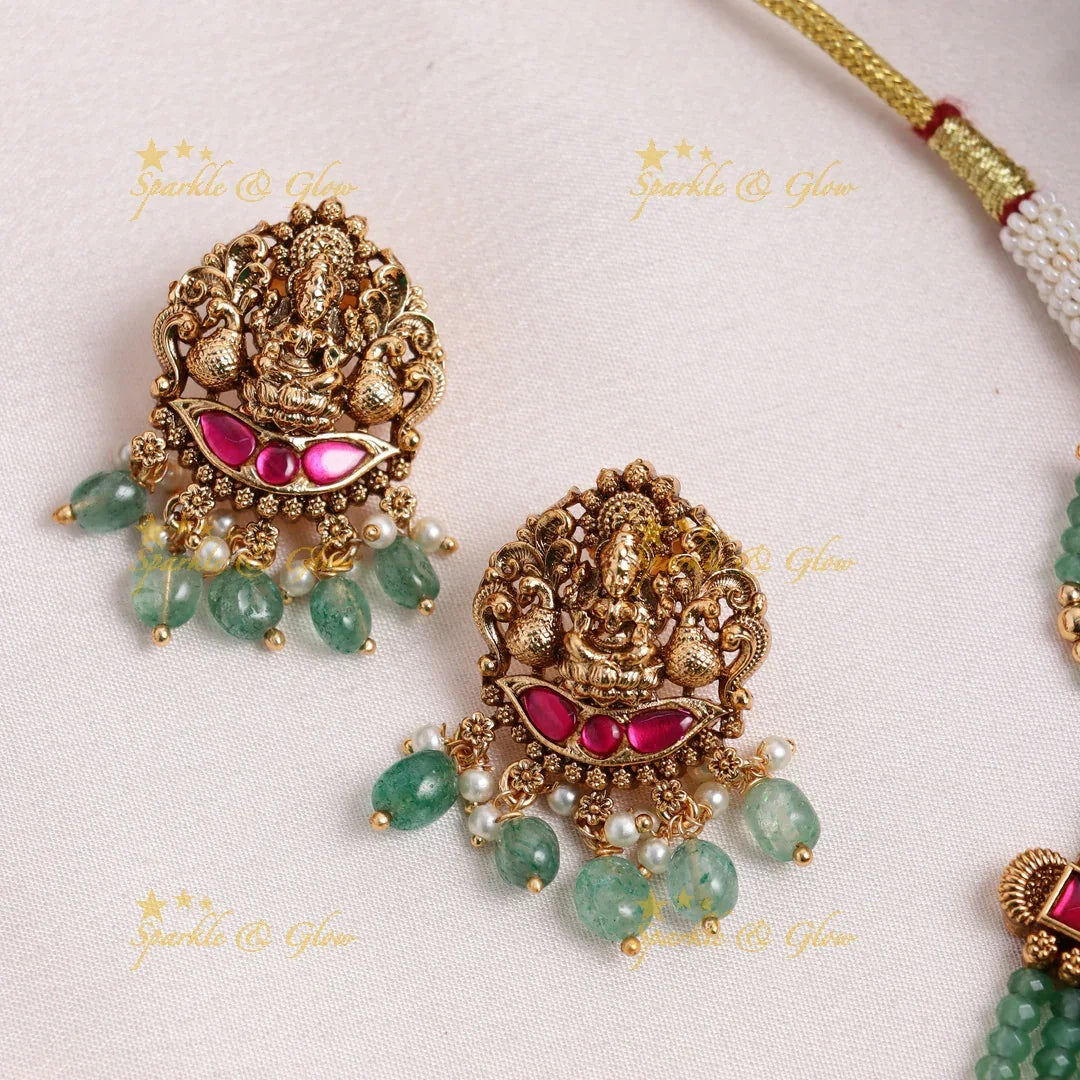 Antique Lakshmi Temple Necklace Set with Green Beads - Sparkle and Glow