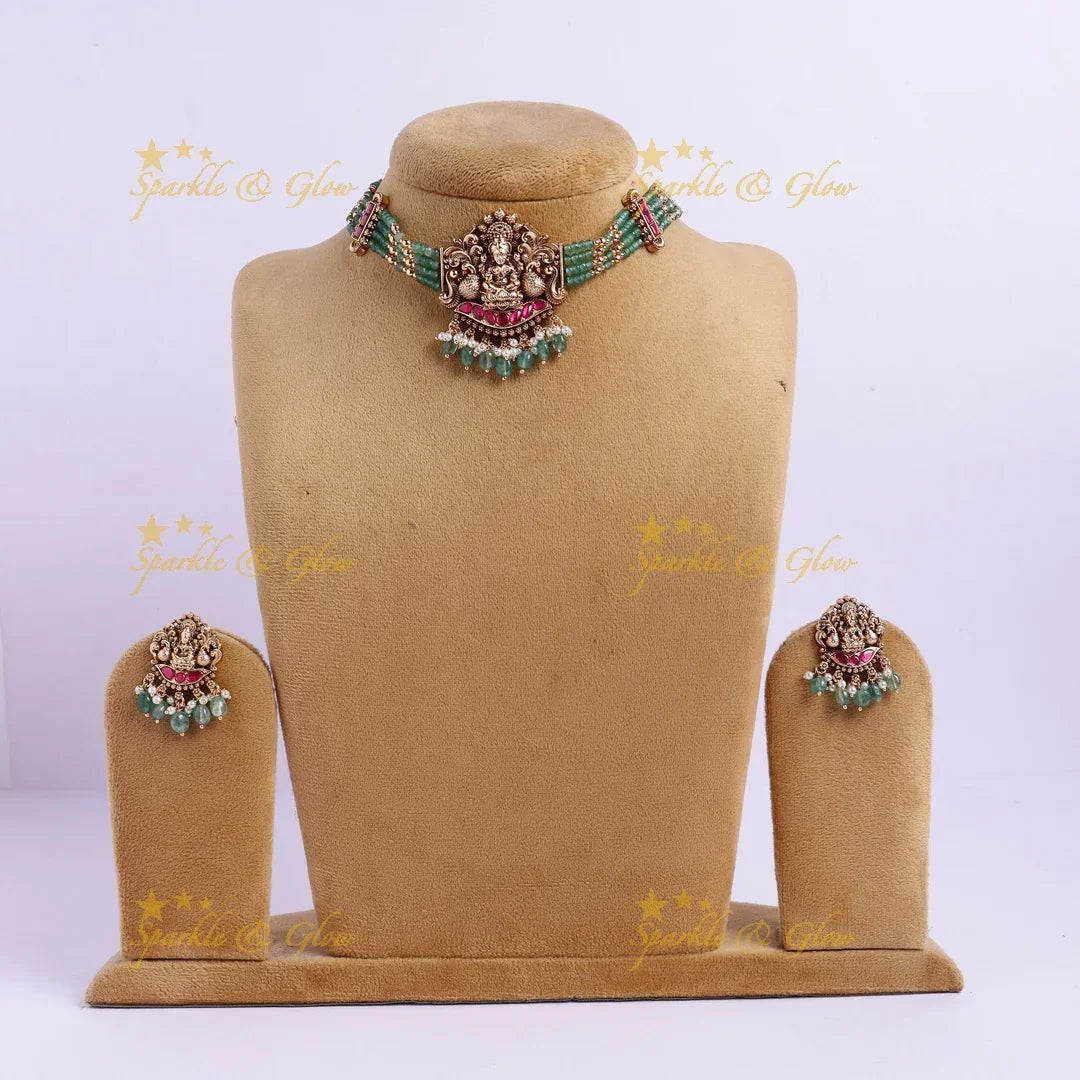 Antique Lakshmi Temple Necklace Set with Green Beads - Sparkle and Glow
