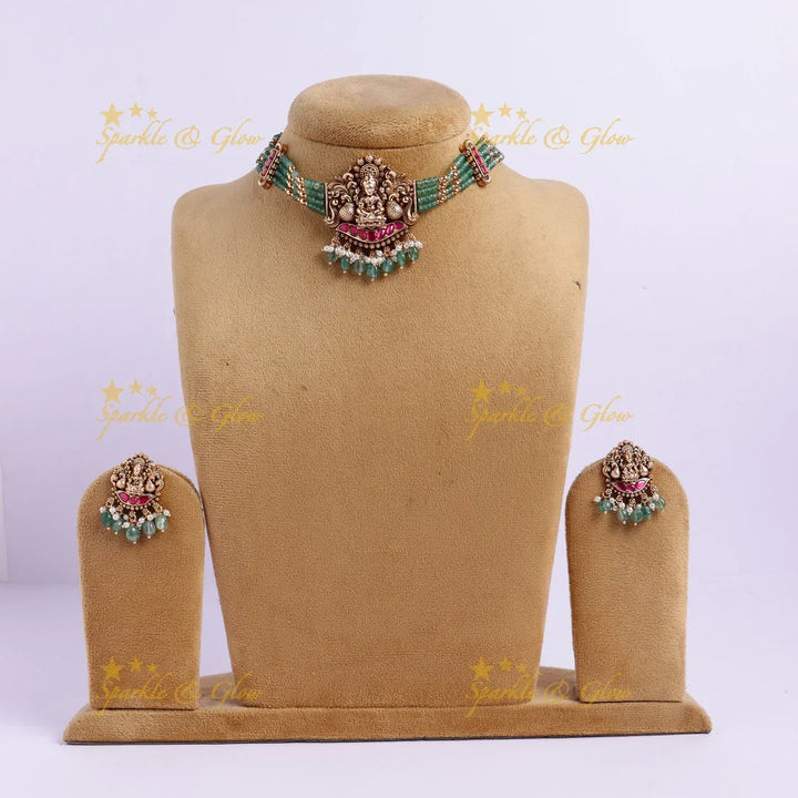 Antique Lakshmi Temple Necklace Set with Green Beads - Sparkle and Glow