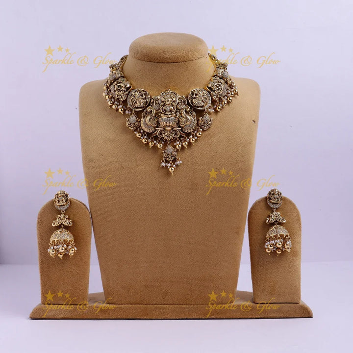 Stunning Gold alike Idol Lakshmi Peacock Elephant carved short necklace - Sparkle and Glow