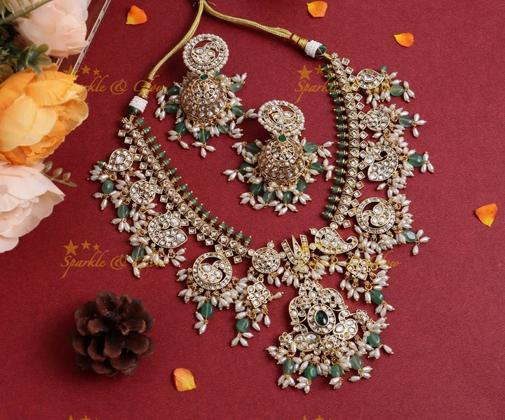 Nita Ambani inspired Stunning Peacock Floral Mango carved rice pearl guttapusalu short necklace - Sparkle and Glow
