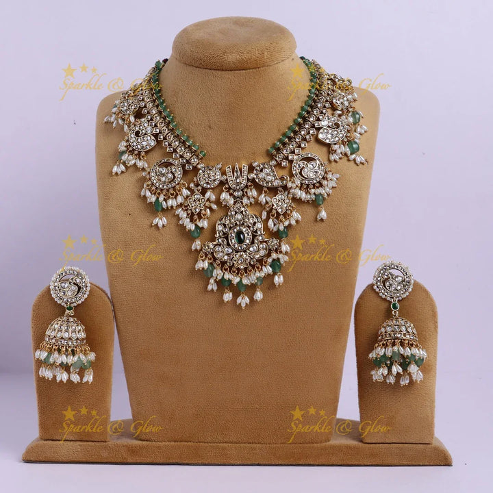 Nita Ambani inspired Stunning Peacock Floral Mango carved rice pearl guttapusalu short necklace - Sparkle and Glow