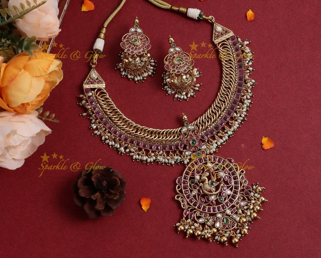 Stunning Peacock Floral Kemp jalebi design short necklace - Sparkle and Glow