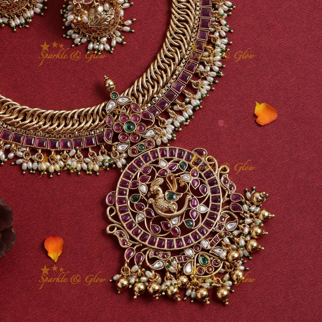 Stunning Peacock Floral Kemp jalebi design short necklace - Sparkle and Glow