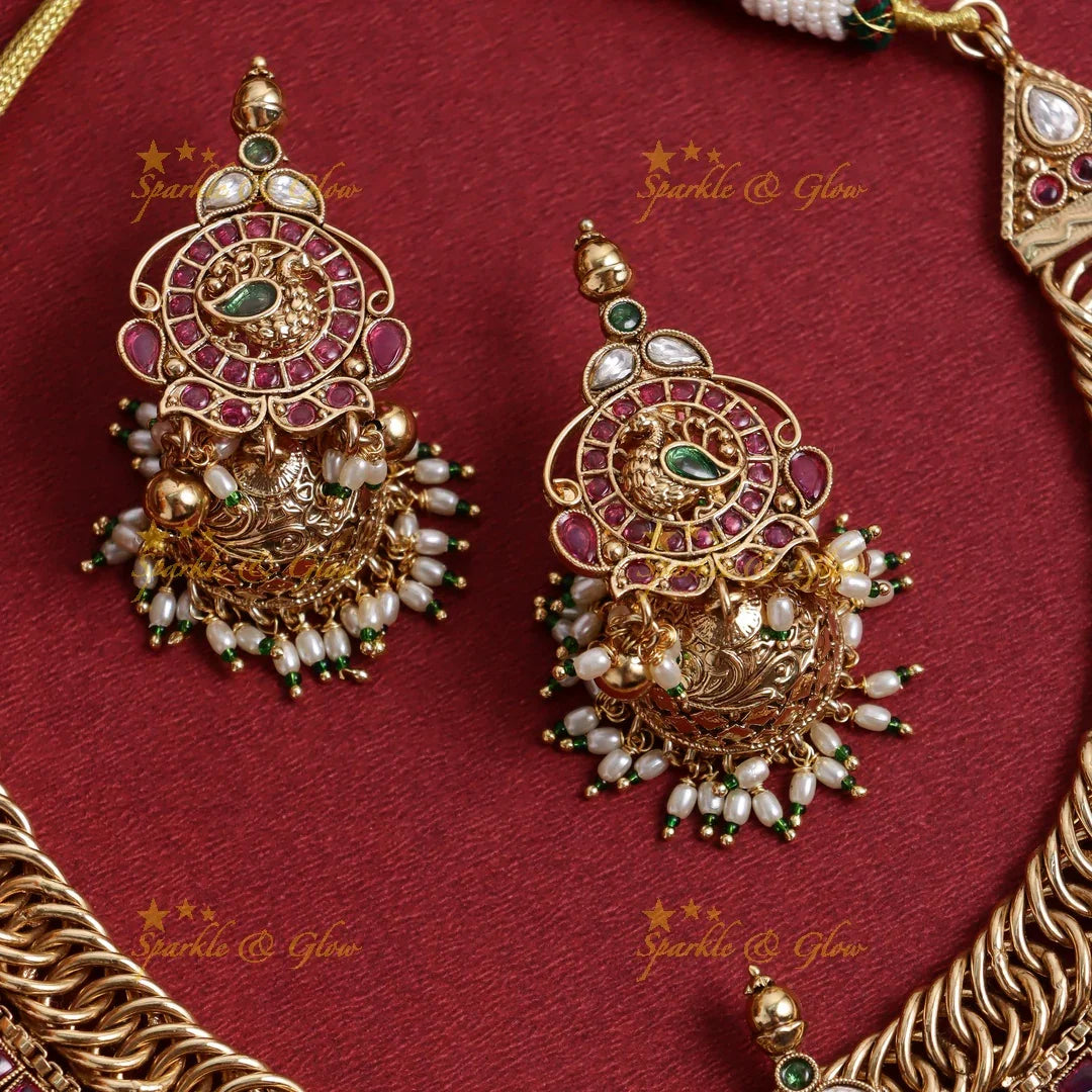 Stunning Peacock Floral Kemp jalebi design short necklace - Sparkle and Glow