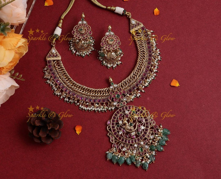 Stunning Peacock Floral Kemp jalebi design short necklace - Sparkle and Glow