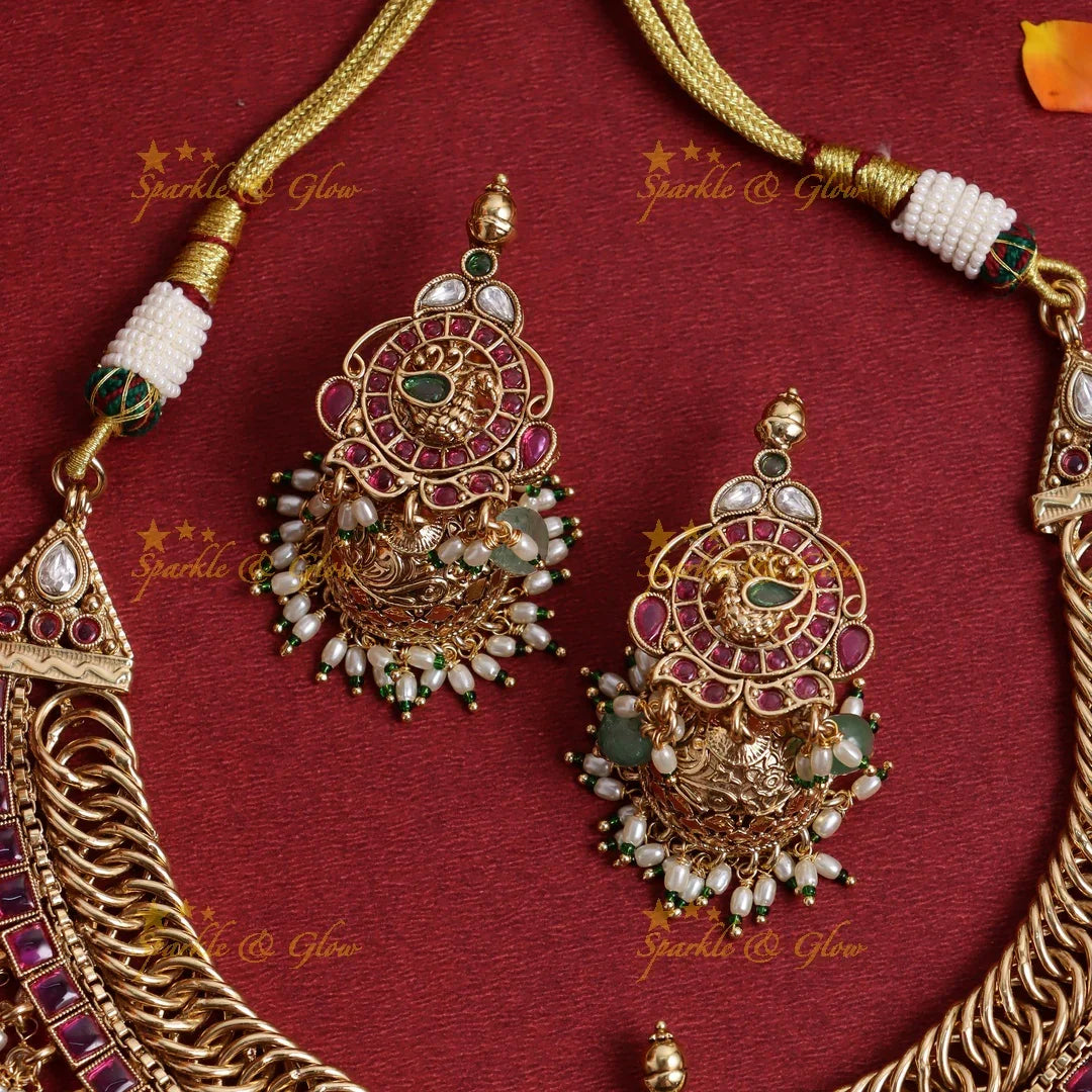 Stunning Peacock Floral Kemp jalebi design short necklace - Sparkle and Glow