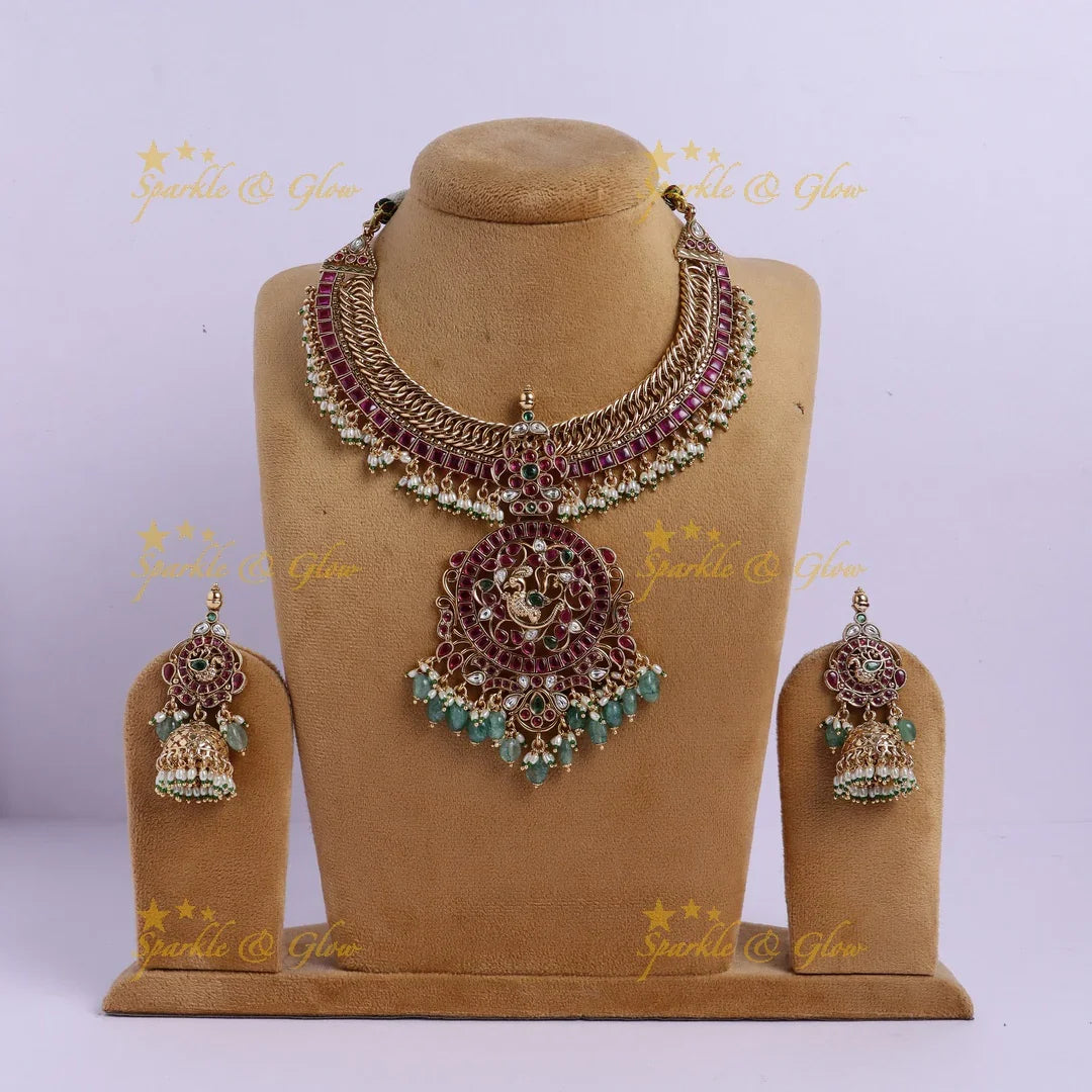 Stunning Peacock Floral Kemp jalebi design short necklace - Sparkle and Glow
