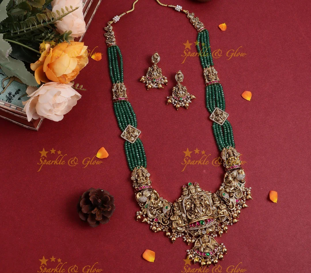 Grand Idol Lakshmi Elephant pendant carved Jadau green beads haram - Sparkle and Glow