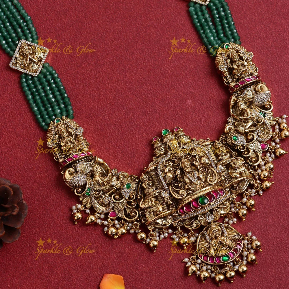 Grand Idol Lakshmi Elephant pendant carved Jadau green beads haram - Sparkle and Glow