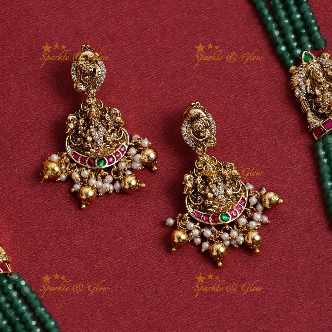 Grand Idol Lakshmi Elephant pendant carved Jadau green beads haram - Sparkle and Glow