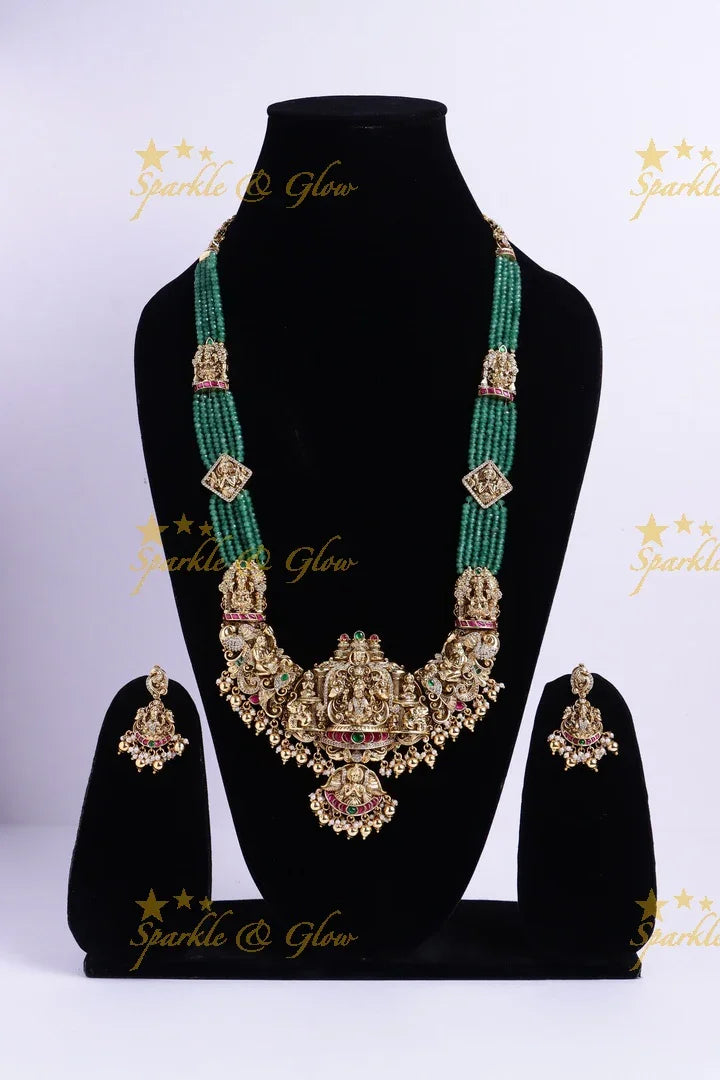 Grand Idol Lakshmi Elephant pendant carved Jadau green beads haram - Sparkle and Glow