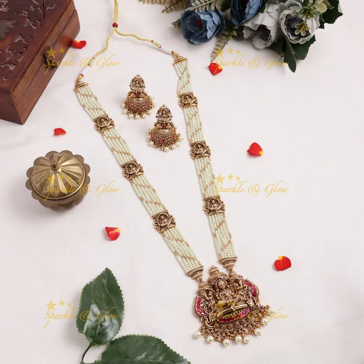 Stunning Idol Lakshmi Elephant pendant carved Jadau pearl layered Haram - Sparkle and Glow