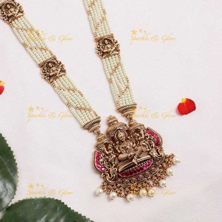 Stunning Idol Lakshmi Elephant pendant carved Jadau pearl layered Haram - Sparkle and Glow