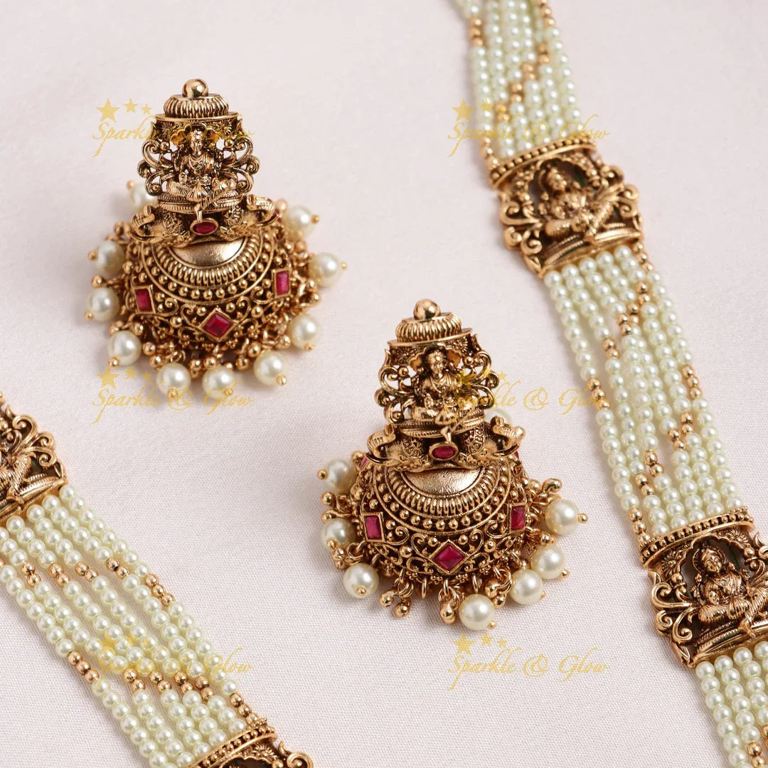 Stunning Idol Lakshmi Elephant pendant carved Jadau pearl layered Haram - Sparkle and Glow